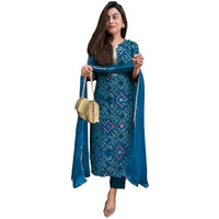 ANNI DESIGNER Women's Rayon Blend Straight Printed Kurta with Pant & Dupatta (TURAE Cerosin_M_Dark Blue_Medium)