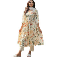 GoSriKi Women's Rayon Blend Printed Anarkali Kurta with Pant & Dupatta (Sudan Cream-GS_XL_Cream_X-Large)