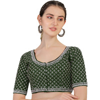 Pujia Mills Women's Heavy Silver Jari Thread Readymade Blouse for Saree Lehenga (Dark Green, 38)