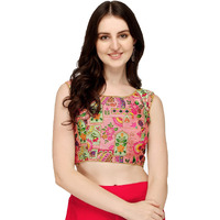 Pujia Mills Women's Phantom Silk Floral Sleeveless Saree Blouse (Position Print 1 Blouse Pink, 34)
