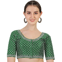 Pujia Mills Women's Heavy Silver Jari Thread Readymade Blouse for Saree Lehenga (Green, 34)
