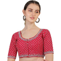 Pujia Mills Women's Heavy Silver Jari Thread Readymade Blouse for Saree Lehenga (Red, 34)