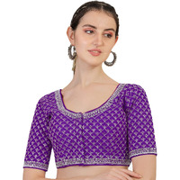 Pujia Mills Women's Heavy Silver Jari Thread Readymade Blouse for Saree Lehenga (Purple, 32)