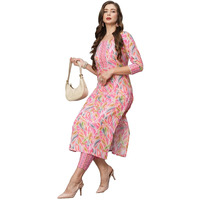 GoSriKi Women's Cotton Blend Floral Straight Kurta with Pant (Pahal-GS_Pink_L)