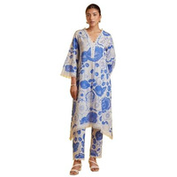 LookMark Women's Printed Cotton Blend Straight Kurta Pant Set with Lace - Comfortable Ethnic Wear for Women, Elegant Design, Suitable for Various Occasions (AZ-LM-OG-KS2118 Blue-S)