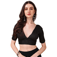 Womanista Women's Dupion Silk Solid Short Sleeve Regular Fit V Neck Blouse (BL_64_Black XL)