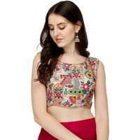 Pujia Mills Women's Phantom Silk Floral Sleeveless Saree Blouse (Position Print 1 Blouse White, 36)