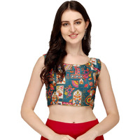 Pujia Mills Women's Phantom Silk Floral Sleeveless Saree Blouse (Sky Blue, 36)