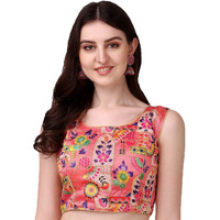 Pujia Mills Women's Phantom Silk Floral Sleeveless Saree Blouse (Peach, 40)