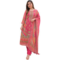 BHARVITA Women's Cotton Printed Sequence Embroidered Work Straight Kurta Dupatta Pant Set (IN, Alpha, M, Regular, Pink)