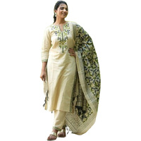 GoSriKi Women's Rayon Blend Straight Embroidered Kurta with Pant & Dupatta (Pamposh Cream-GS_M_Cream_Medium)