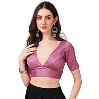 Womanista Silk Women's Dupion Solid Short Sleeve Regular Fit V Neck Blouse (BL_62_Pink Small)