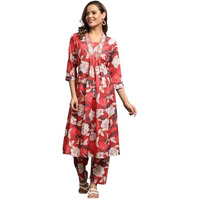 GRECIILOOKS Women SEMI Cotton Alia Cut Regular Fit Kurta Set (RED, Large)