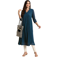 Janasya Women's Teal Blue Dobby Chiffon Self Design Flared Kurta (JAC24KR01574-L)