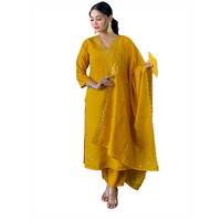 Naixa Women's Mustard Viscose Chanderi Embroidered Straight Kurta with Viscose Chanderi Pant and Chanderi Embroidered Dupatta Sets (S-Zarna-Mustard-L)
