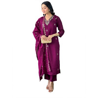 Naixa Women's Wine Viscose Chanderi Embroidered Straight Kurta with Viscose Chanderi Pant and Chanderi Embroidered Dupatta Sets (S-Zarna-Wine-L)