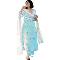 GoSriKi Women's Rayon Blend Anarkali Printed Kurta with Pant & Dupatta (Renu Sky Blue-GS_XL_Sky Blue_X-Large)