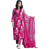 ANNI DESIGNER Women's Rayon Blend Floral Straight Kurta with Pant & Dupatta (Zuri Purple_Pink_Small)