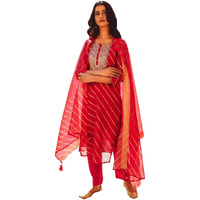 GoSriKi Women's Cotton Blend Straight Printed Kurta with Pant & Dupatta (Doremi-Pink-GS_S_Pink_Small)