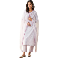 GoSriKi Women's Cotton Blend Embroidered Straight Kurta with Pant & Dupatta (FARIGUP-Purple-GS_S_Purple_Small)