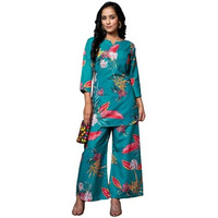 Leriya Fashion Women Ethnic Kurta Set | Rayon Co-Ord Set | Fancy Pajama Set | Pack of 2 | Floral Printed Top & Pant Set | Full Pair Set | A-line Kurta Set (Medium, Turquoise) LF-K-W1854&TR911