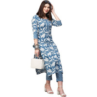 ANNI DESIGNER Women's Cotton Blend Printed Straight Kurta with Pant (Pustak Blue-Nw_M_White/Blue_Medium)