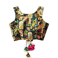 Vihu Fashion Women's Multicolor Phantom Silk deep Back Neck Digital Print Readymadev Sleeveless Saree Blouse