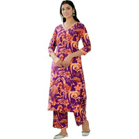 GoSriKi Women's Cotton Blend Straight Printed Kurta with Palazzo (Chinki Begani-GS_XL_Begani_X-Large)