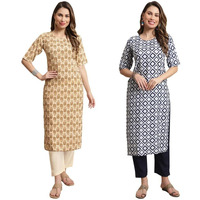 Pinkmint Kurta Set for Women ll Printed Kurti & Pant Set ll Combo Kurta Set ll (Pack of 2) Gold-Blue