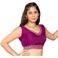 Pujia Mills Women's Sequin Embroidered V Neck Sleeveless Readymade Saree Blouse Indian Ethnic Designer Stitched Readymade Sequence Saree Blouse Sleeveless Blouse Readymade Wine Blouse for Women