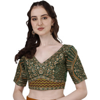 Vihu Fashion Women's Fancy Readymade Heavy Coding Embroidary Worked Half Sleeve Green Saree Blouse(Mushroom Green_42)