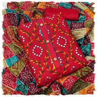 StyleScope Women's Cotton Blend Embroidery Work Unstitched Salwar Suit Dress Material With Bandhej/Bandhani Print Dupatta (DM Mirror Red_Red_Free Size)