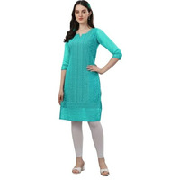 Fashion2wear Women's Georgette Chikankari Embroidered Notched Neck 3/4 Sleeve Knee Length Straight Kurta for Girls (Biba_Kurti_Sky_3XL)