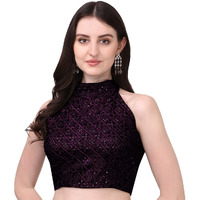 Pujia Mills Women's Halter Neck Chickenkari Sequins Work Readymade Saree Blouse (Wine, 40)