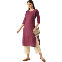 Hritika Wine Colored Solid Plain Strips Effect with Buttons Cotton Blend Kurta Under 300_(HRK008WINE_S)