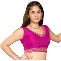 Pujia Mills Women's Sequin Embroidered V Neck Sleeveless Readymade Saree Blouse Indian Ethnic Designer Stitched Readymade Sequence Saree Blouse Sleeveless Blouse Readymade Pink Blouse for Women