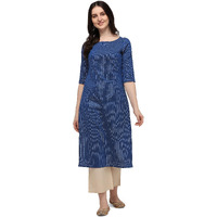 Hritika Blue Colored Solid Plain Strips Effect with Golden Shimmer Cotton Blend Kurta_(HRK0014BLUE_S)