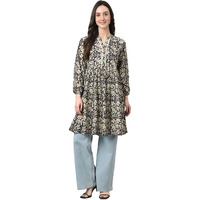 Janasya Women's Black Cotton Floral Print Flared Tunic(JNE4098-TU-M)