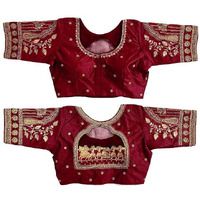 Pujia Mills Women's Golden Zari Embroidery Work with Heavy Maggam Work Half Sleeve Milan Silk Blouse(Ruby Maroon_38)