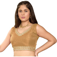 Pujia Mills Women's Sequin Embroidered V Neck Sleeveless Readymade Saree Blouse Indian Ethnic Designer Stitched Readymade Sequence Saree Blouse Sleeveless Blouse Readymade Gold Blouse for Women