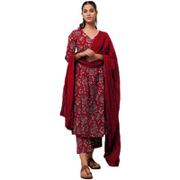 GoSriKi Women's Cotton Blend Anarkali Printed Kurta with Pant & Dupatta (Dabu Red-GS_XXL_Red_XX-Large)