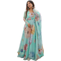 Shasmi Women's Stylish Floral Printed Sea Green Orgenza Anarkali Dress Gown, Kurta with Dupatta Set Anarkali Floral Printed Gown with Dupatta (Gown 130 SEA Green-XL)