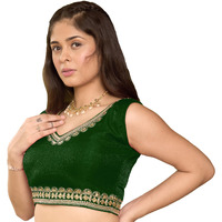Pujia Mills Women's Sequin Embroidered V Neck Sleeveless Readymade Saree Blouse Indian Ethnic Designer Stitched Readymade Sequence Saree Blouse Sleeveless Blouse Readymade Green Blouse for Women