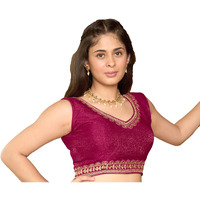 Pujia Mills Women's Sequin Embroidered V Neck Sleeveless Readymade Saree Blouse Indian Ethnic Designer Stitched Readymade Sequence Saree Blouse Sleeveless Blouse Readymade Maroon Blouse for Women