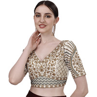 Vihu Fashion Silk Women's Saree Blouse, Half Sleeve, White