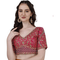 Vihu Fashion Silk Women's Saree Blouse, Half Sleeve, Rani