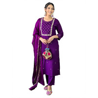 Naixa Women's Violate Rayon Slub Embroidered Straight Kurta with Rayon Slub Pant and Chinon Laced Dupatta Sets (NX3-M-Pragati-Violate-M)