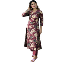 ANNI DESIGNER Women's Cotton Blend Straight Printed Kurta with Pant (DHUN Wine_S_Wine_Small)