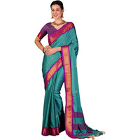 SWARON Women's Banarasi Jacquard Kanjivaram Silk Saree with Unstitched Blouse Piece (3743S101NW_Dark Turquoise & Magenta)