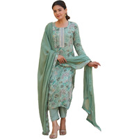 GoSriKi Women's Rayon Blend Printed Straight Kurta with Pant & Dupatta (VICE Green-GS_S_Green_Small)